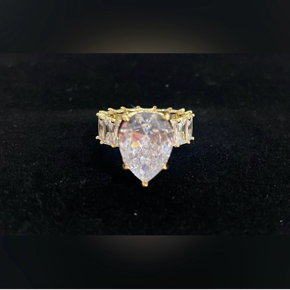 Pear Shaped Icey Baguette Gold Plated, 7mm Square Ring, Size 5